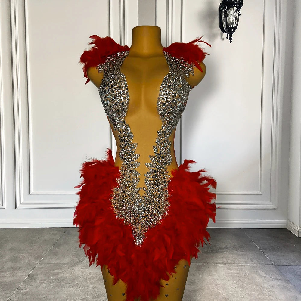 Sexy See Through Women Birthday Party Formal Gowns Sheer Luxury Rhinestones Red Feather Black Girls Short Prom Dresses 2023