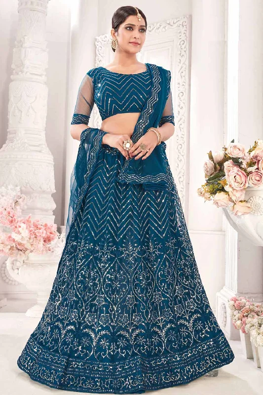 Net Sequin Lehenga Choli Dress Material In Teal Blue