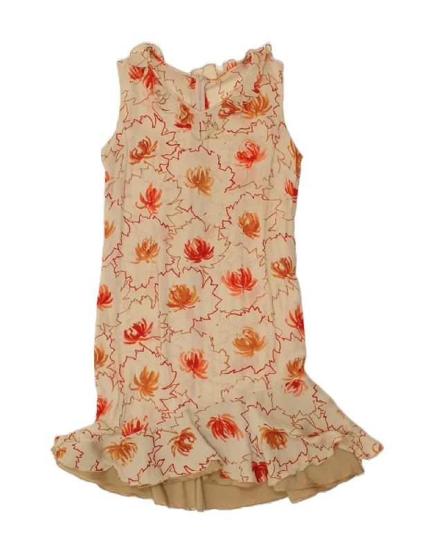 VINTAGE Womens Sleeveless Drop Waist Dress UK 14 Large Beige Floral