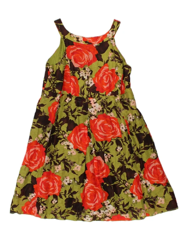 MONSOON Womens Sleeveless A-Line Dress UK 14 Medium Green Floral Linen