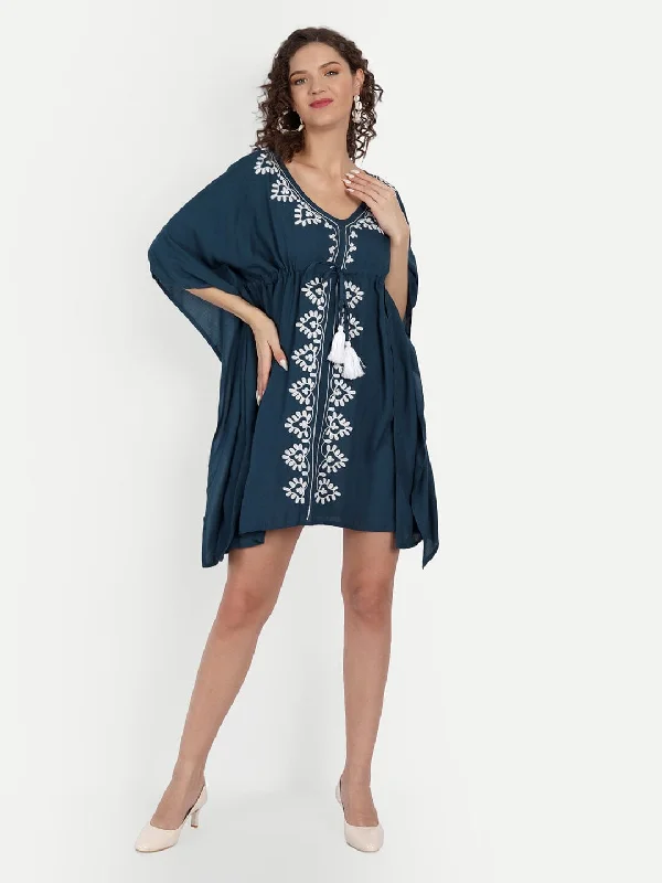 Blue Embroidery Kaftan Dress with waist Tie Up
