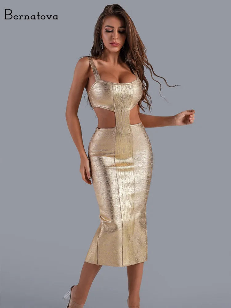 Sexy Hollow Out Women Bandage Dresses Metallic Gold Midi Bodycon Backless Sleeveless Club Dress Birthday Party Elegant Outfits Sexy Hollow Out Women Bandage Dresses Metallic Gold Midi Bodycon Backless Sleeveless Club Dress Birthday Party Elegant Outfits