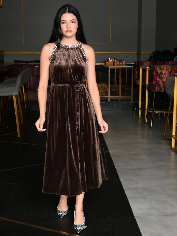 Odette Brown Velvet Embellished Dress For Women