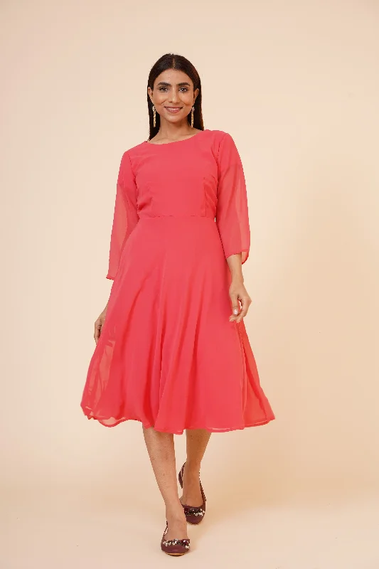 Women's Round Neck Georgette Party/ Casual Dress in  Peach