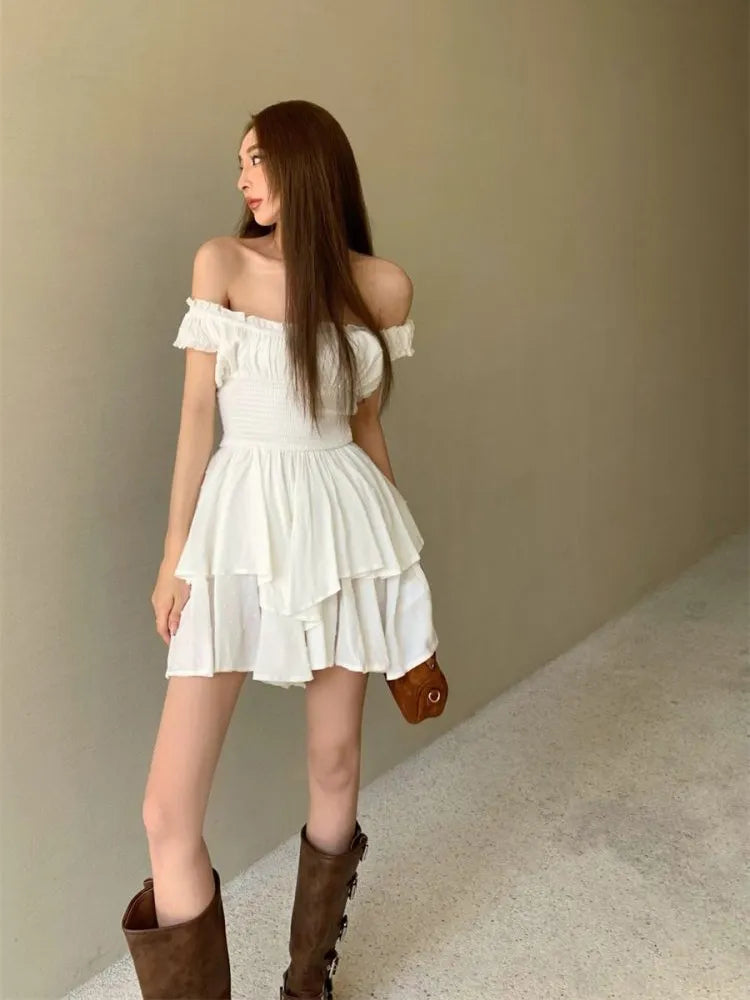 Corset Mini A Line Dresses Skims White Off Shoulder Summer Sexy Folds Puff Sleeve Dress Women Elegant Evening Vestidos Corset Mini A Line Dresses Skims White Off Shoulder Summer Sexy Folds Puff Sleeve Dress Women Elegant Evening Vestidos