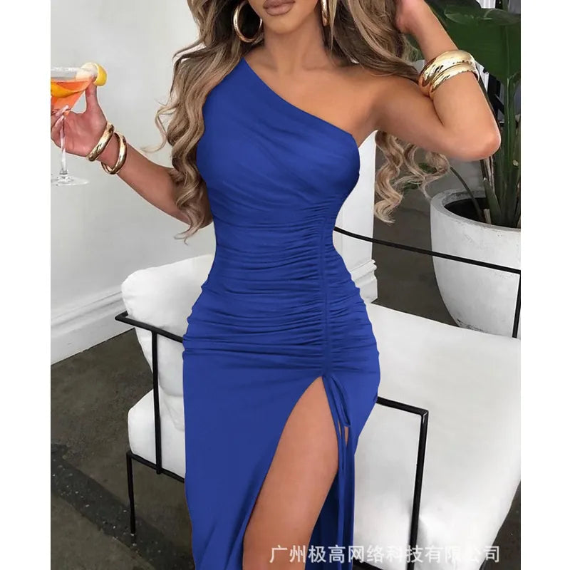 Dress for Women Sexy Solid Elegant Evening Party Split Dress One Shoulder Off-Shoulder Backless Slash Neck Slim Pleated Dress Dress for Women Sexy Solid Elegant Evening Party Split Dress One Shoulder Off-Shoulder Backless Slash Neck Slim Pleated Dress