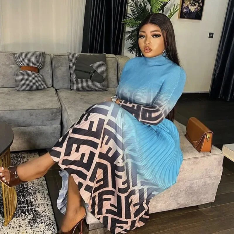 Bohemian Set For Women Gradient Letter Print Long Sleeve Top And Pleated Design Skirt Dress Set Elegant Lady Suit Versatile Sets Bohemian Set For Women Gradient Letter Print Long Sleeve Top And Pleated Design Skirt Dress Set Elegant Lady Suit Versatile Sets