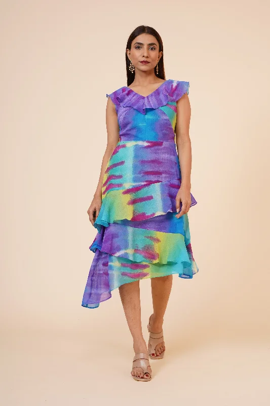Women's multicolor Printed Georgette  Ruffle Party Evening  Dress