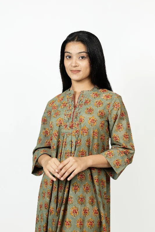 Cotton Hand Block Printed Dress - Green