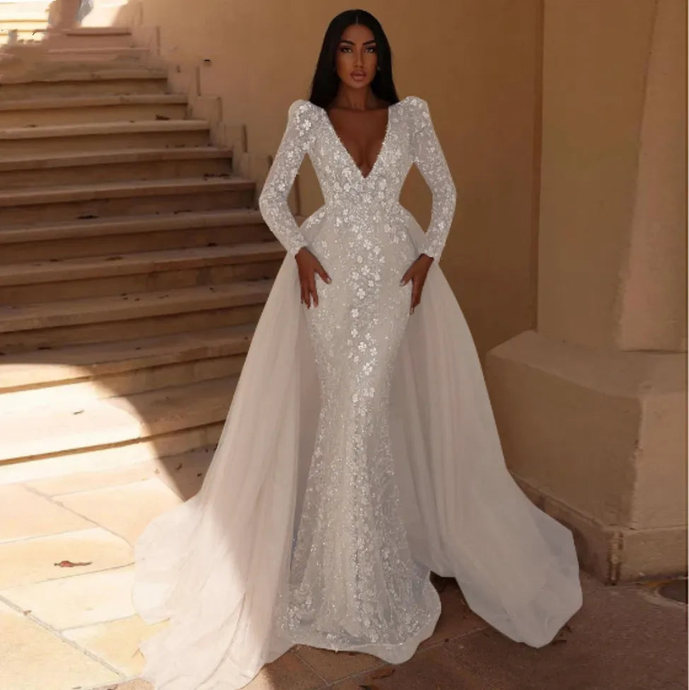 Haute Couture Elegant  3D Flowers Champagne Dubai Mermaid Evening Night Dress for Women V Neck Long Sleeves Formal Prom