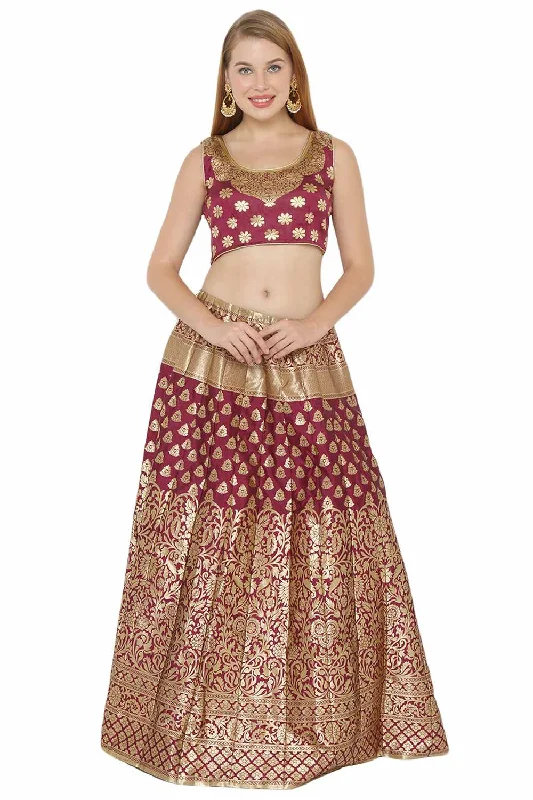 Art Silk Foil Print Lehenga Choli Dress Material In Wine And Gold