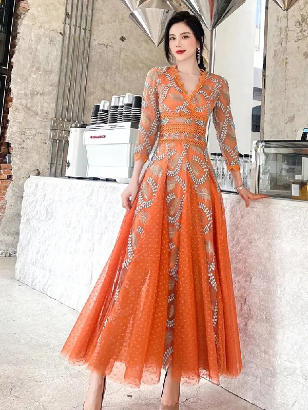 Delocah High Quality Spring Women Fashion Designer Mesh Long Dress Sexy V-Neck High Waist Elegant Embroidery Dresses Vestidos Delocah High Quality Spring Women Fashion Designer Mesh Long Dress Sexy V-Neck High Waist Elegant Embroidery Dresses Vestidos