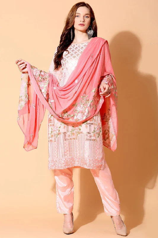 Faux Georgette Embroidered Suit Set Dress Material In Pink