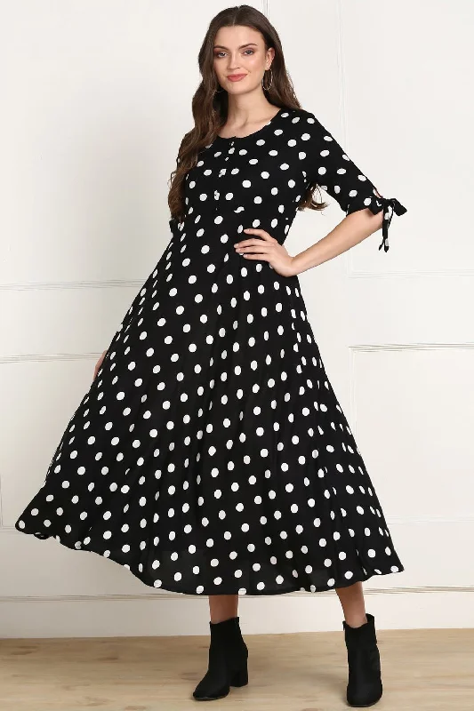 Rayon Polka Dots Dress In Black