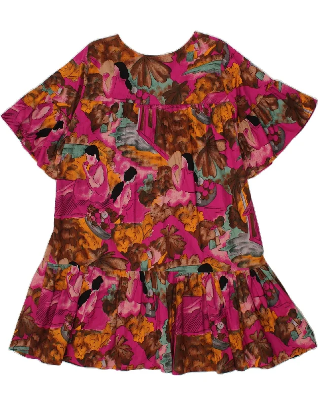 VINTAGE Womens 1/2 Sleeve Abstract Pattern Drop Waist Dress UK 18 XL Pink