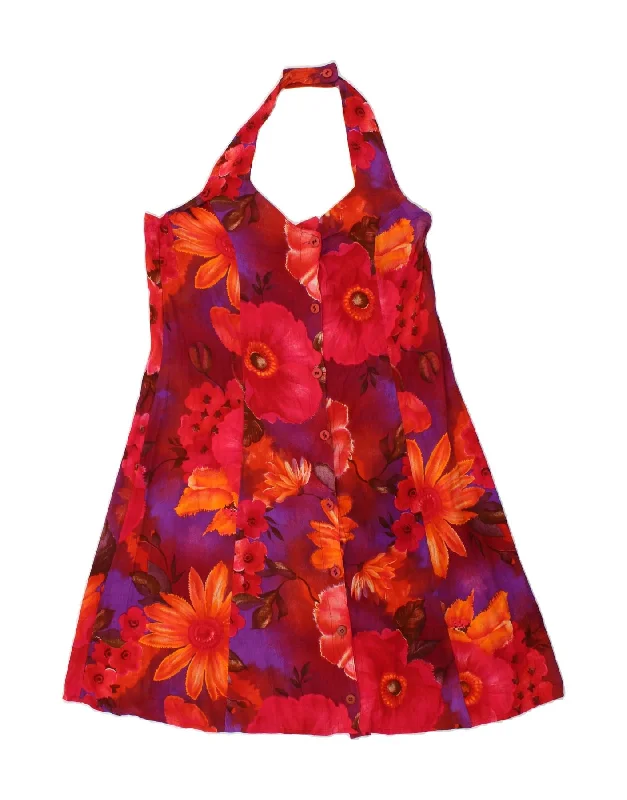 VINTAGE Womens Halter Dress UK 14 Large Red Floral Viscose