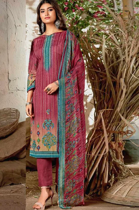 Blended Cotton Abstract Print Suit Set Dress Material In Light Wine