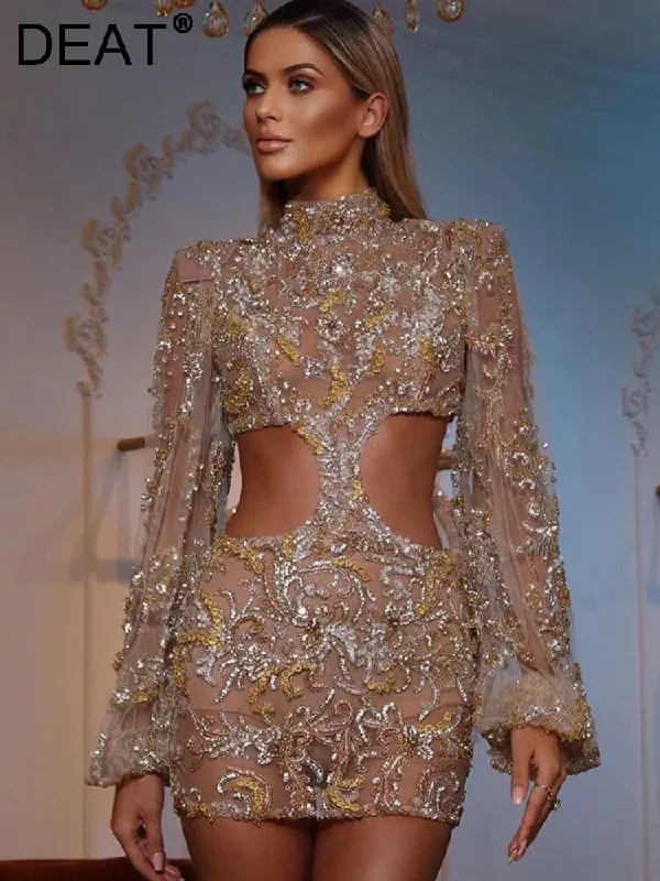 DEAT Fashion Elegant Women's Dress New Round Neck Long Sleeve Gauze Sequined Mini A-line Dresses Female Summer 2023 17A1391 DEAT Fashion Elegant Women's Dress New Round Neck Long Sleeve Gauze Sequined Mini A-line Dresses Female Summer 2023 17A1391