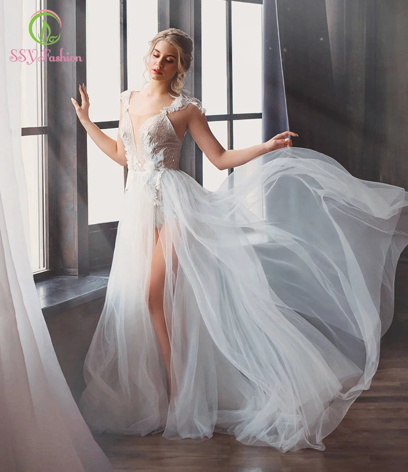 SSYFashion New White Lace Evening Dress Sexy Deep V-neck Backless Lllusion Appliques Long Formal Prom Gown Vestido De Noiva SSYFashion New White Lace Evening Dress Sexy Deep V-neck Backless Lllusion Appliques Long Formal Prom Gown Vestido De Noiva