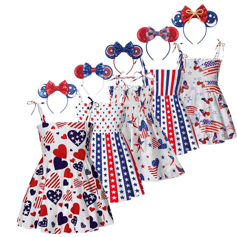 Charm Dress Girls Summer Dress American Independence Day Print Tie-up Smocked Dress American Flag For Girls Children Costumes Charm Dress Girls Summer Dress American Independence Day Print Tie-up Smocked Dress American Flag For Girls Children Costumes
