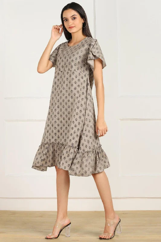 Blended Cotton Kalamkari Dress In Brown