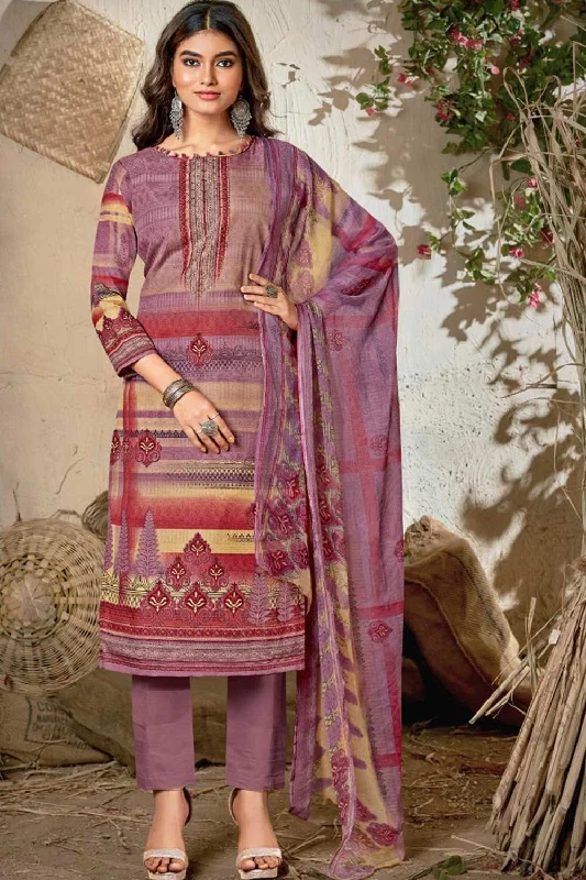 Blended Cotton Abstract Print Suit Set Dress Material In Lavender