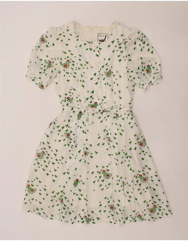 VINTAGE Womens Tea Dress IT 40 Small White Animal Print Polyester