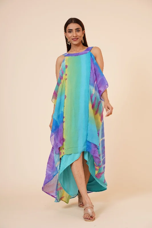 Women's Halter Neck Ruffle Drape Printed Georgette Party/ Evening Dress in Multicolor