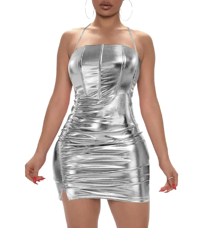 Silver Metallic Short Corset Dress for Women Leather Bodycon Holographic Dress Sexy Halter Ruched Sparkly Holiday Mini Club Dress 2XL