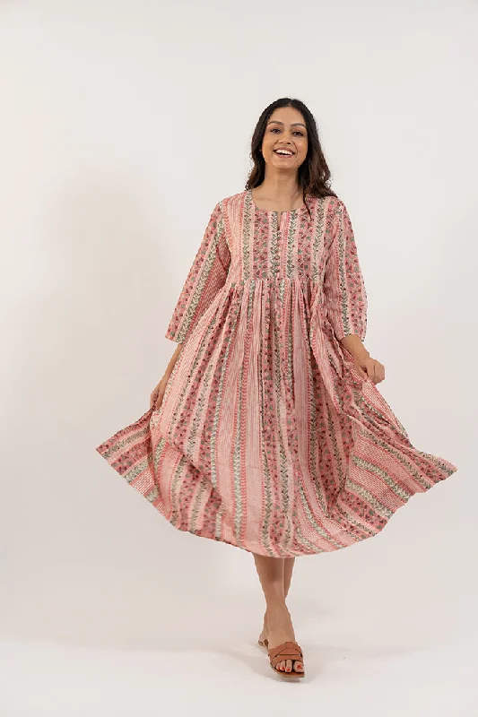 Cotton Hand Block Printed Dress - Peach Pink