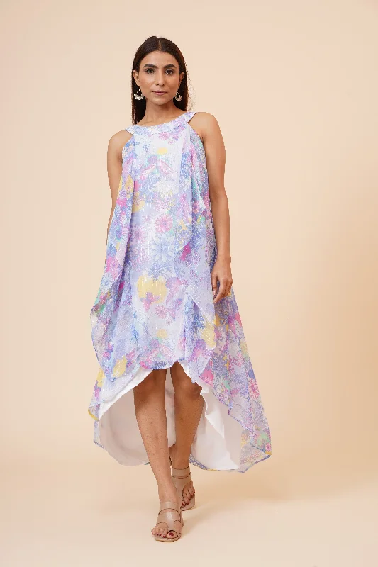 Women's Halter Neck Ruffle Drape Floral Printed Georgette Party/ Evening Dress in Multicolor