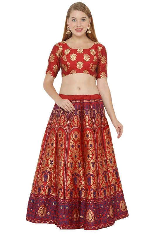 Art Silk Foil Print Lehenga Choli Dress Material In Red And Blue