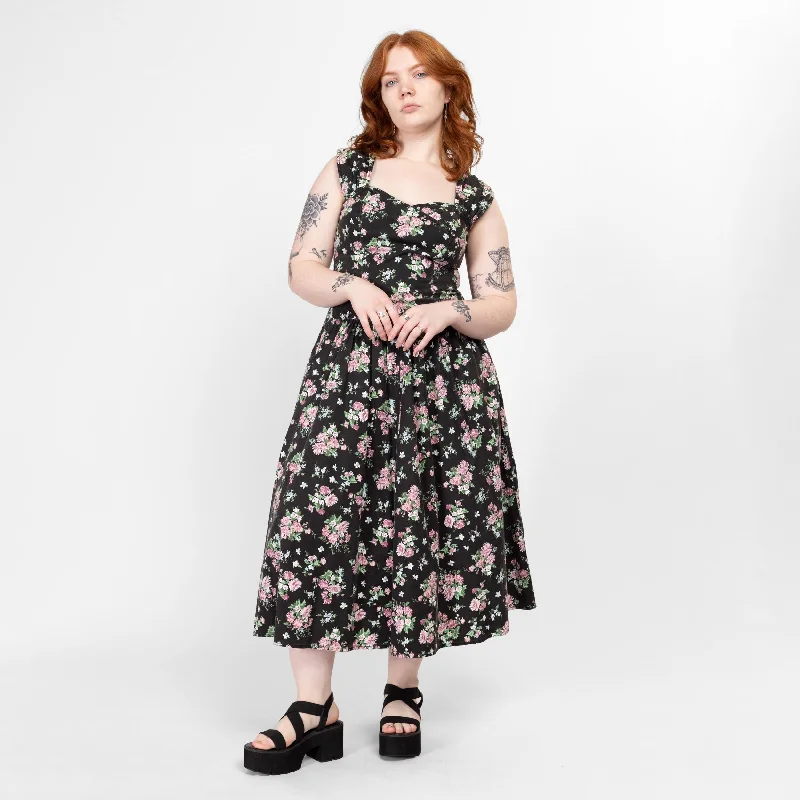 Medium 80s Black Floral Cotton Fit & Flare Dress