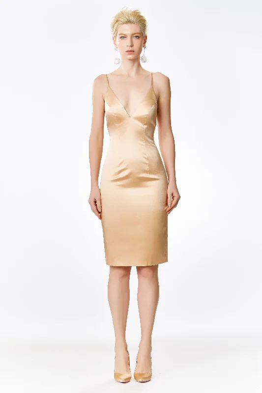 Champagne Silk Satin Plunging Neckline Cross Back Dress