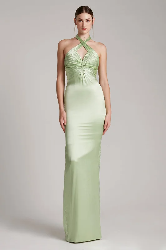 Crystal Fringe Trimmed Ribbon Crossed Halter Neck Silk Satin Dress in Baby Green