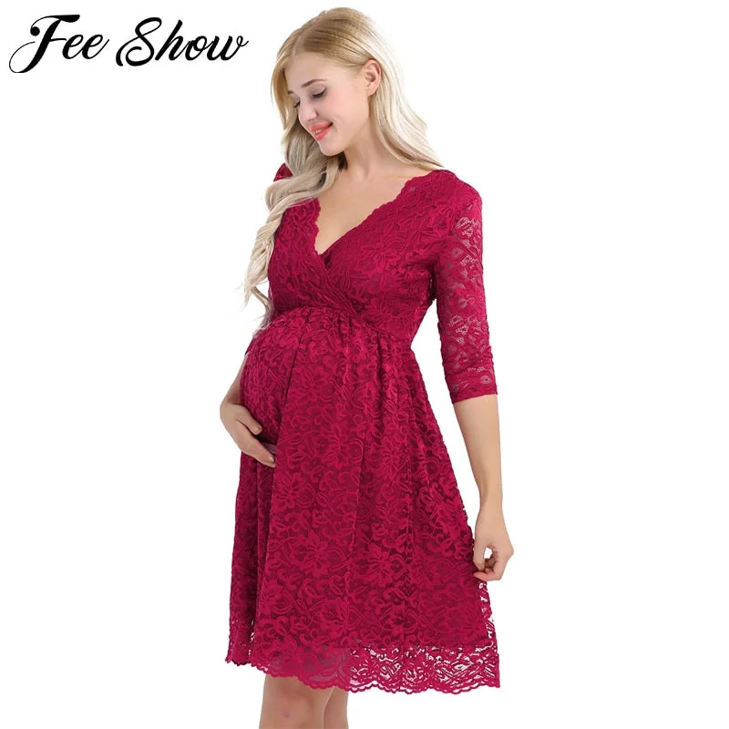 Womens Maternity Elegant Floral Lace Overlay V Neck Half Sleeve Knee Length Pregnant Photography Dress for Formal Evening Party Womens Maternity Elegant Floral Lace Overlay V Neck Half Sleeve Knee Length Pregnant Photography Dress for Formal Evening Party
