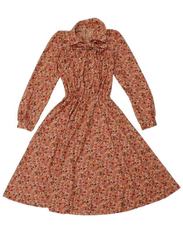 VINTAGE Womens Long Sleeve Front Tie A-Line Dress UK 12 Medium Brown