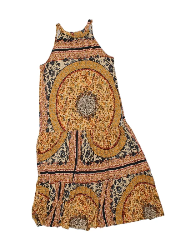 NEXT Womens Sleeveless Maxi Tiered Dress UK 16 Large Beige Floral Viscose