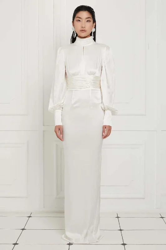 Turtleneck Open Back Silk Satin Dress in White