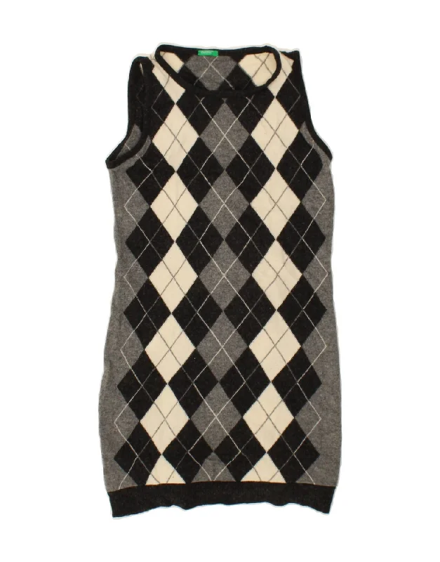BENETTON Womens Sleeveless Jumper Dress UK 12 Medium Grey Argyle/Diamond