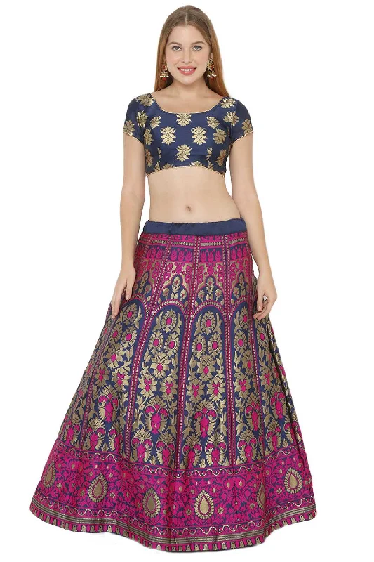 Art Silk Foil Print Lehenga Choli Dress Material In Navy Blue And Pink