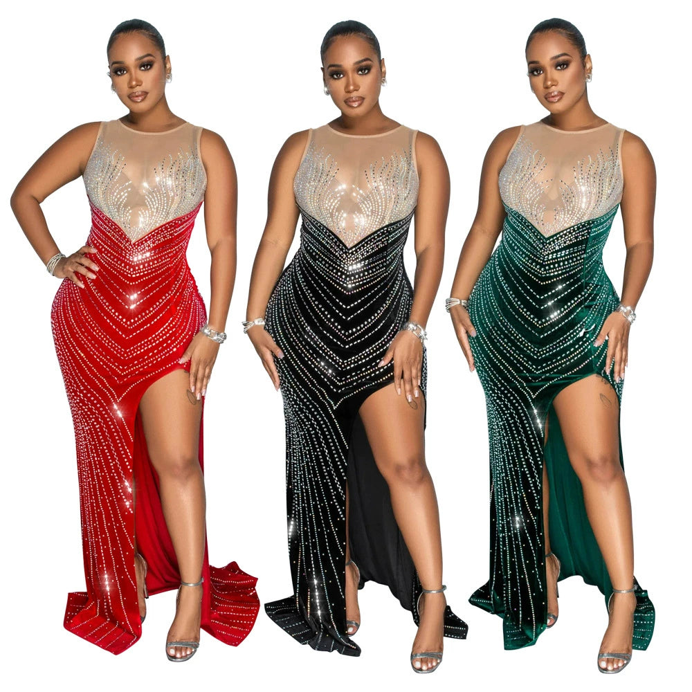 Cy900990 Amazon Cross-Border New Fashion round Neck Sleeveless High Slit Hot Rhinestone Dress Women