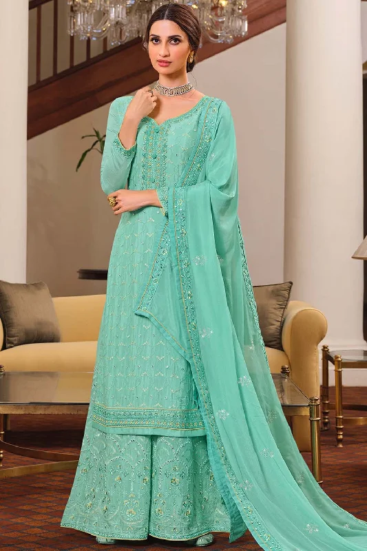 Chinon Chiffon Embroidered Sharara Dress Material In Teal