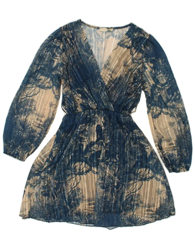 VINTAGE Womens Long Sleeve A-Line Dress UK 20 2XL Navy Blue Floral
