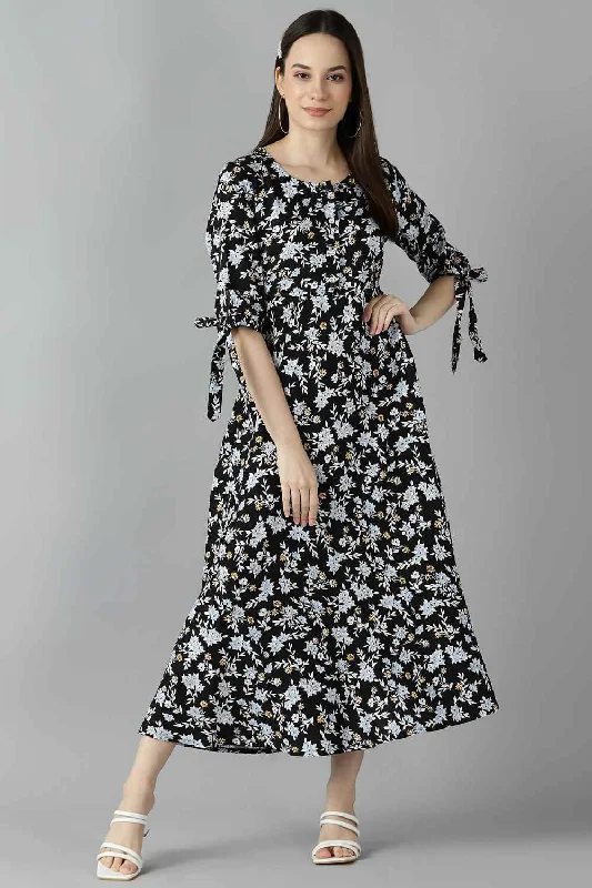 Rayon Floral Dress In Black