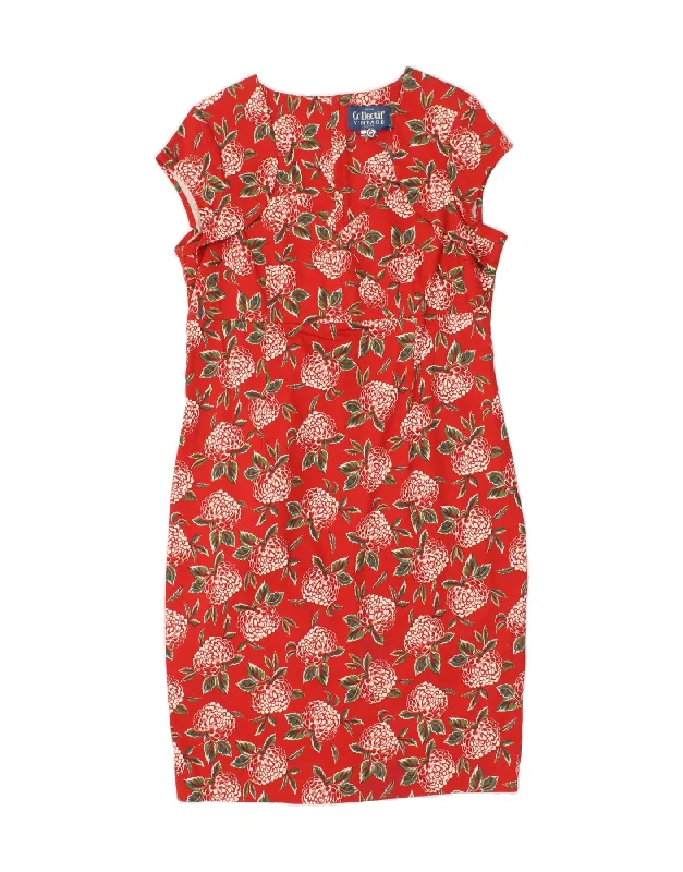 VINTAGE Womens Sheath Dress UK 18 XL Red Floral Cotton
