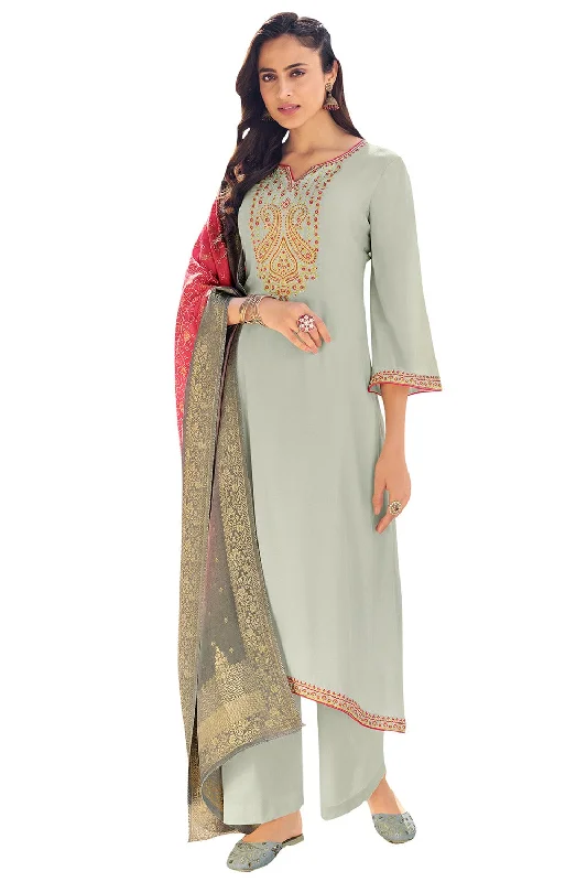 Pure Silk Embroidered Suit Set Dress Material In Grey
