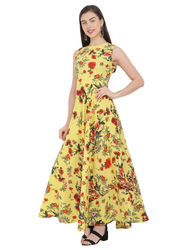 Attractive Cut Sleeve Printed Dress in Yellow Colour