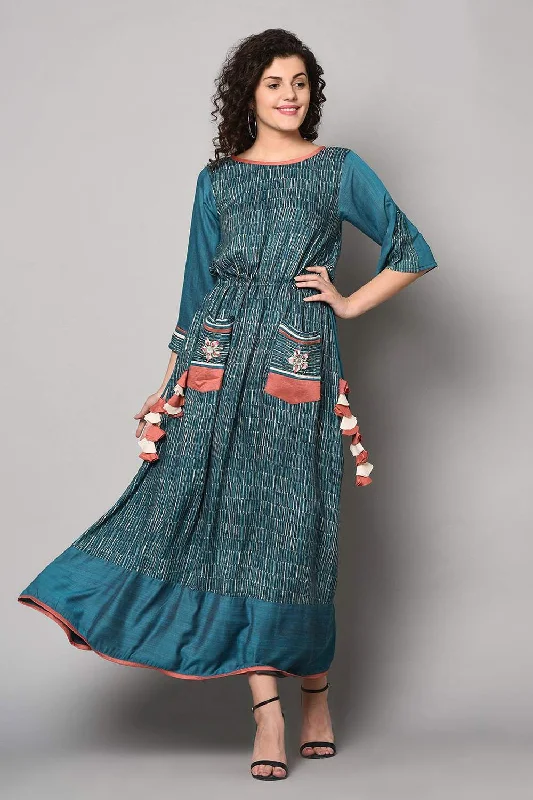 Blended Cotton Stripes Dress In Turquoise