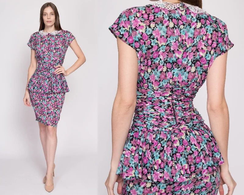 XS 80s Floral Peplum Wiggle Dress